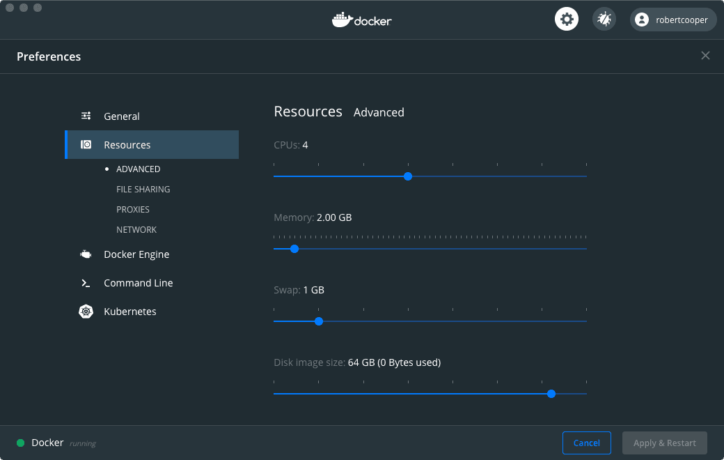Docker Desktop configuration of resources such as CPU, memory, and disk space