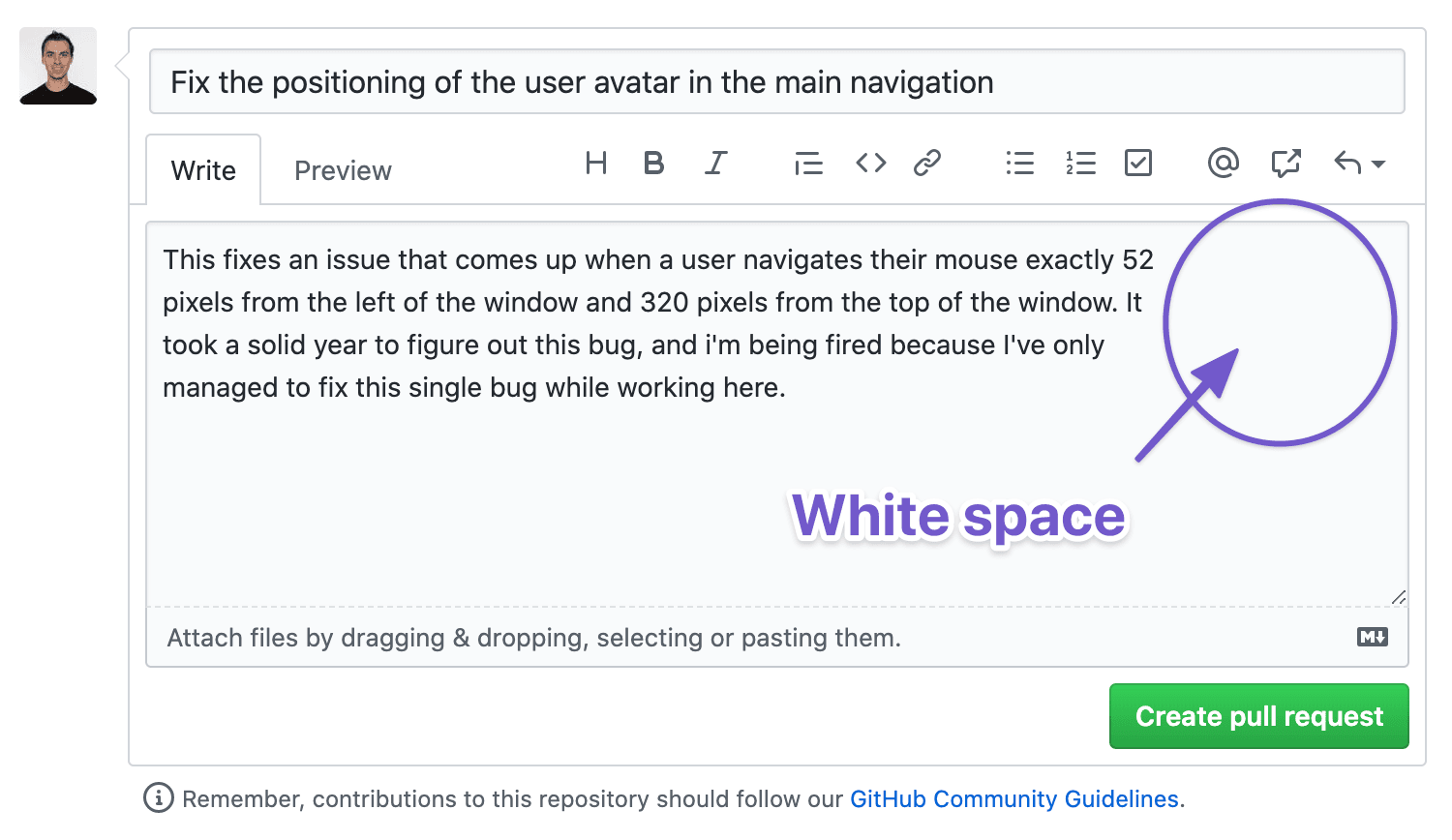 Here's a look at the whitespace that is left in the pull request description when wrapping commit message body text at 80 characters.