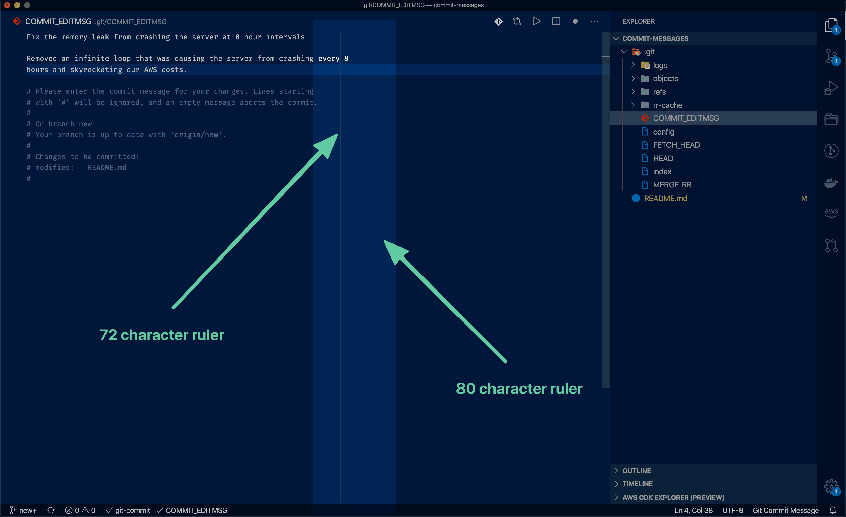 Vertical line rulers indicating character line limits for both the commit subject (72 characters) and body (80 characters).