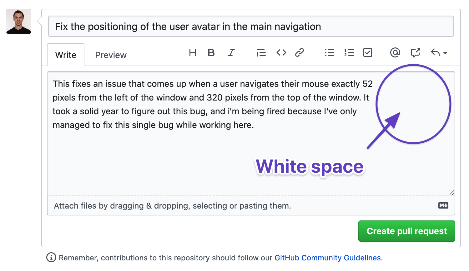 Here's a look at the whitespace that is left in the pull request description when wrapping commit message body text at 80 characters.