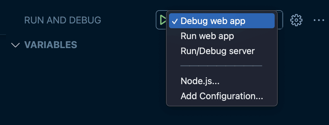 VSCode menu to run and debug apps