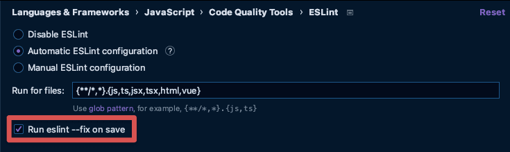 WebStorm configuration for formatting via ESLint on save