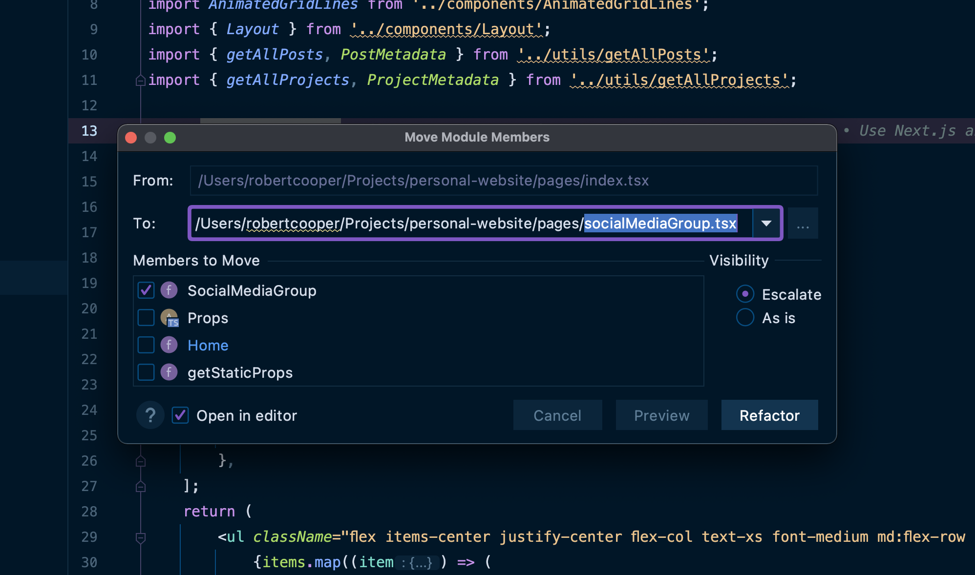 WebStorm dialog that allows for moving members from one file to another