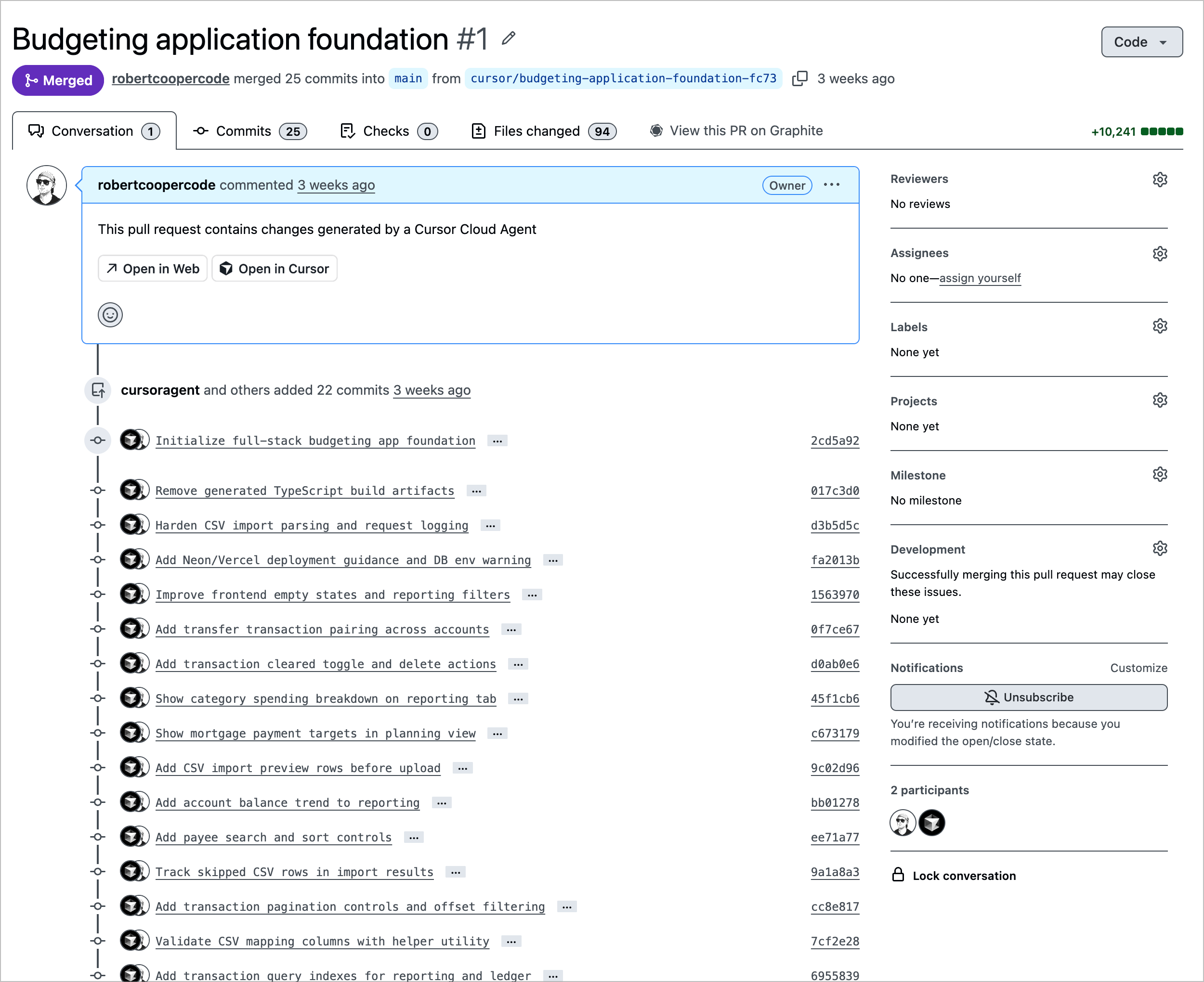 Merged GitHub pull request titled “Budgeting application foundation” from a Cursor cloud agent (+10,241 lines, 94 files)