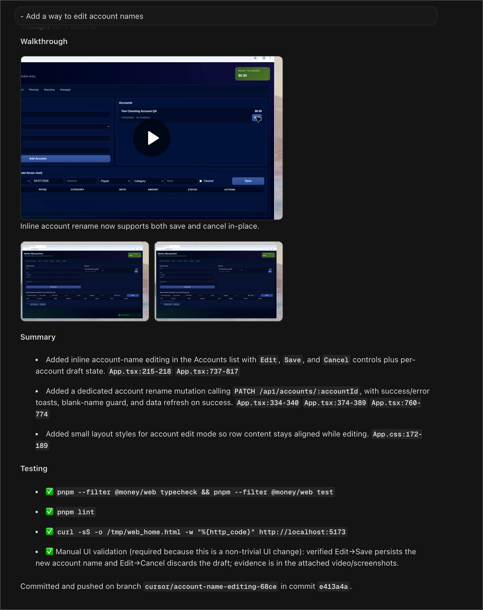 Cursor cloud agent-generated demo video for a feature