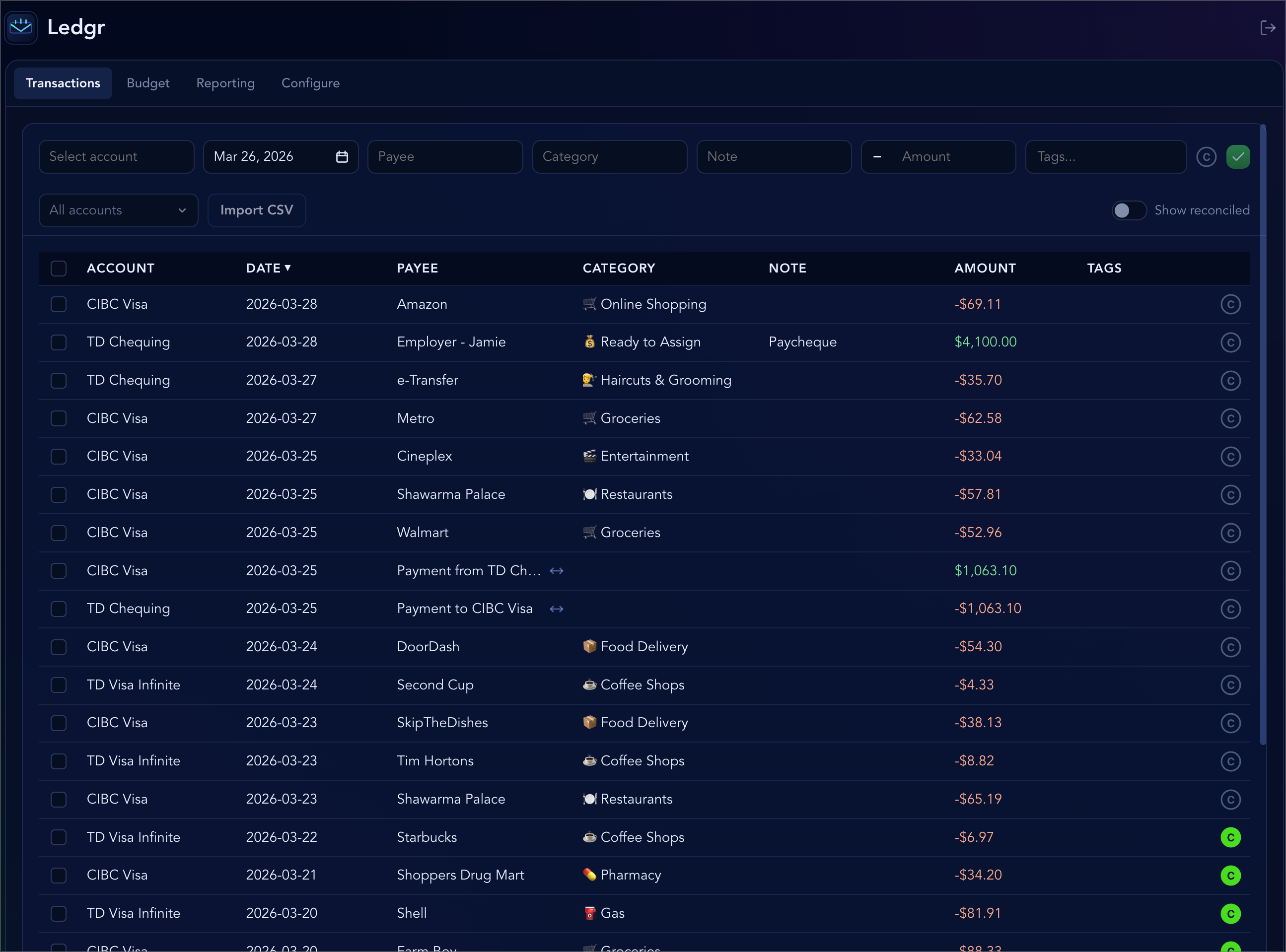 App home screen showing the transactions screen as the landing page